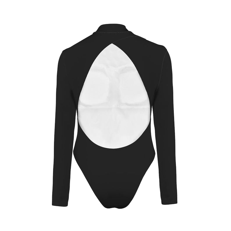Black Long Sleeve Swimsuit – High Neck, Cut-out Back, Thumbholes, High-leg One Piece