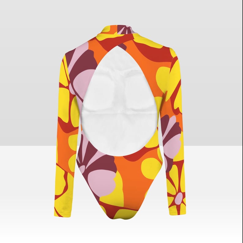 Colourful Long-sleeve Open-back Swimsuit, One-piece Surf Swimwear, Front Lined, Removable Padding