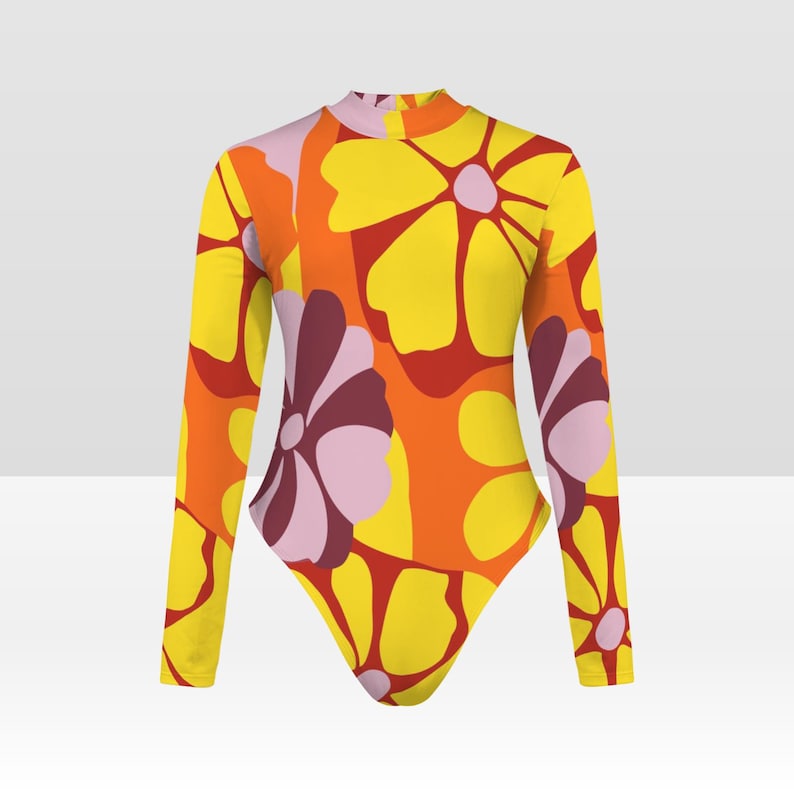 Colourful Long-sleeve Open-back Swimsuit, One-piece Surf Swimwear, Front Lined, Removable Padding