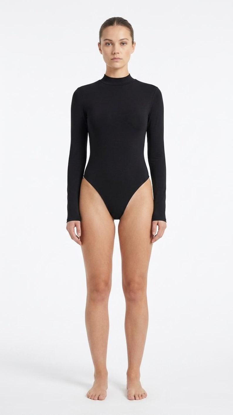 Black Long Sleeve Swimsuit – High Neck, Cut-out Back, Thumbholes, High-leg One Piece