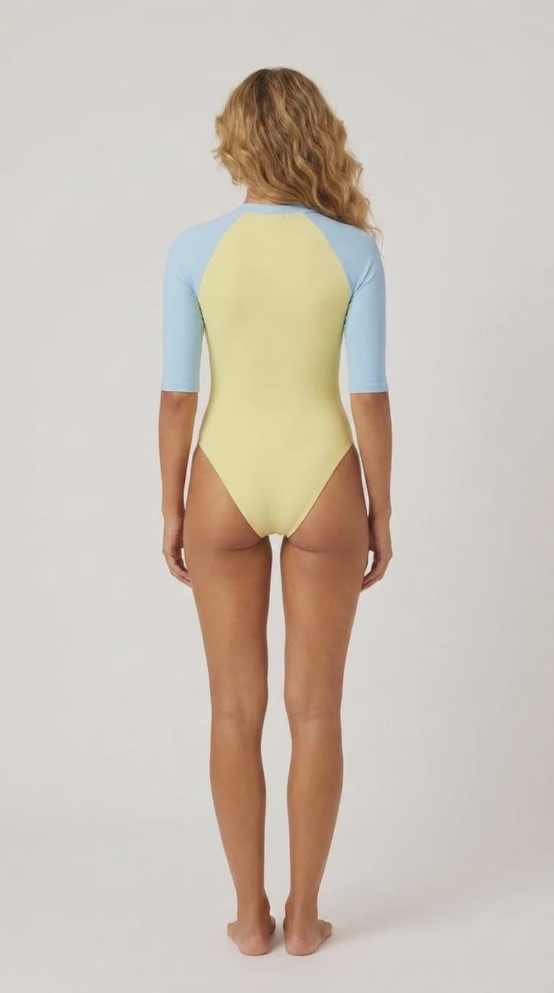 Buttermilk and Powder Blue Lightweight One-piece Swimsuit, Zip Front, High Leg, Rash Guard - Unlined