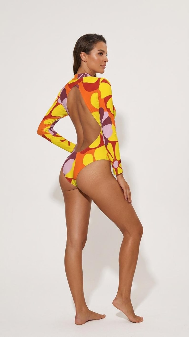 Colourful Long-sleeve Open-back Swimsuit, One-piece Surf Swimwear, Front Lined, Removable Padding