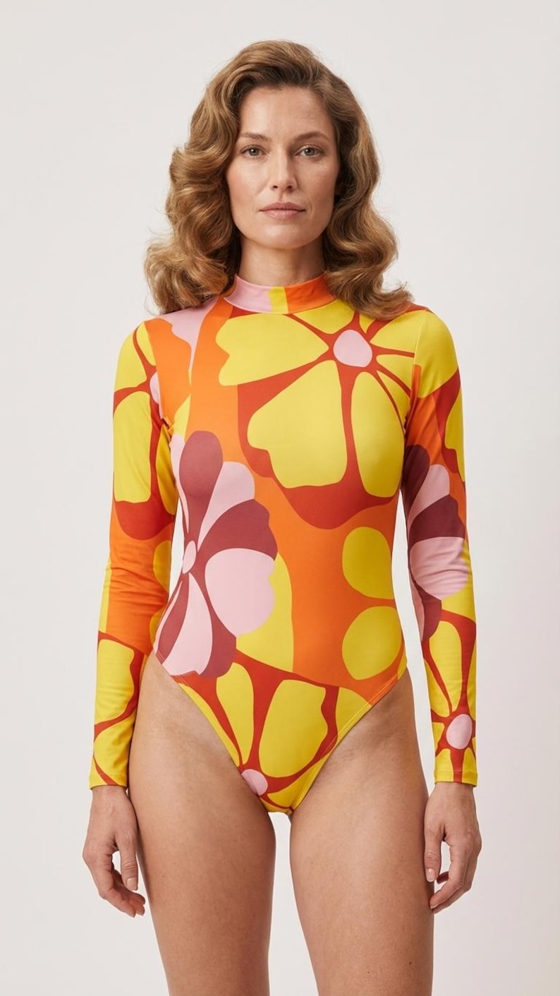 Colourful Long-sleeve Open-back Swimsuit, One-piece Surf Swimwear, Front Lined, Removable Padding