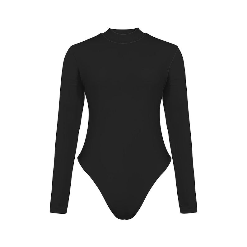 Black Long Sleeve Swimsuit – High Neck, Cut-out Back, Thumbholes, High-leg One Piece